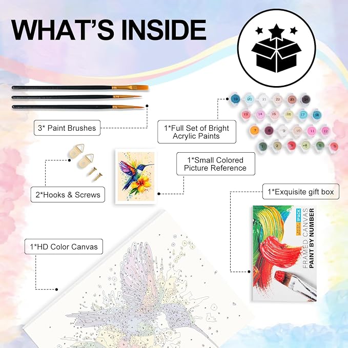 Yezavesu Hummingbird Framed Paint by Numbers Kit for Adults Beginner | With Frame Canvas 12x16 Inch, DIY Acrylic Painting by Numbers Hummingbird, Stress Relief Craft Kits, Home Wall Decor Gift