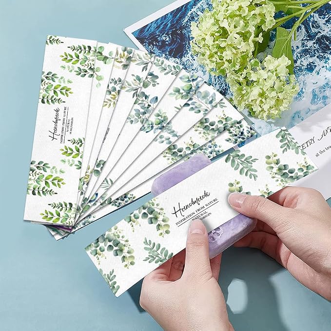 PH PandaHall 90pcs Watercolor Leaves Soap Wrappers, 9 Styles Plant Branch Soap Labels Soap Packaging Paper Crafts Wrapper Soap Sleeves for Homemade Soap Lotion Bars Bath Gift Wrapping, 8.3x1.97inch