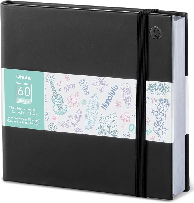 Ohuhu 6.3"x6.3" Double-Sided Bleedproof Marker Pad Art Sketchbook 60 Sheets | Small Square Sketch Book - 90 LB/150 GSM Smooth Drawing Paper - 60 Sheets/120 Pages -Hardcover Sketch Pad for Alcohol Markers