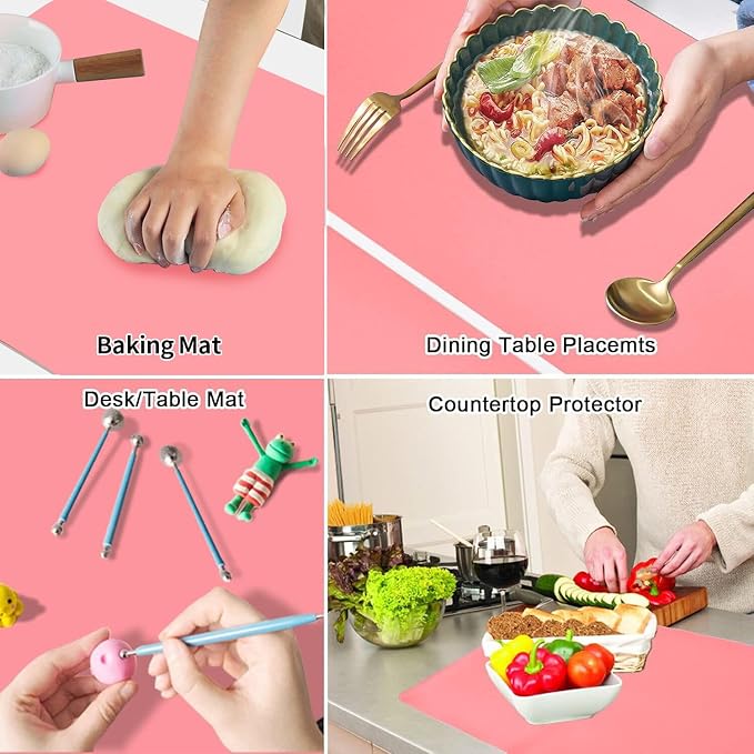 Extra Large Silicone Mats for Kitchen Counter, 27.6'' x15.7'' Silicone Placemats for Kids, Nonstick Silicone Mat for Baking Crafts, Nonskid Heat Resistant Mat Pink Kids Placemats for Table, Pink