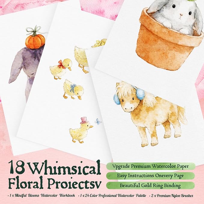 Watercolor Workbook for Beginners,18 Whimsical Farm Animal Water Coloring Book,Relaxing & Easy to Paint Water Coloring Book with 24 Colors-Perfect for Gifting to Creativity & Joy for Adults