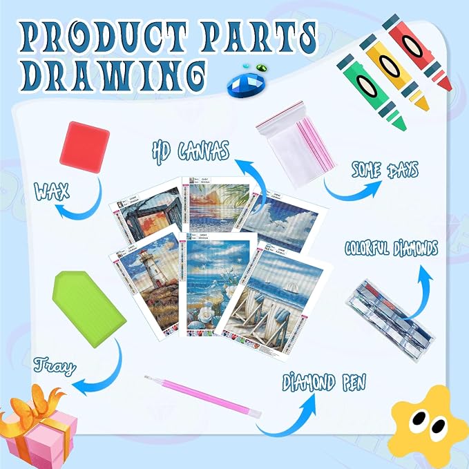 DOZEEZOP 6-Pack Diamond Art Kit for Adults, 5D Diamond Painting 12x16 Inch | Coastal pictures, Full Round Drills, Home Wall & Shelf Decor, Beginner-Friendly DIY Craft, Stress Relief, All-Occasion Gift