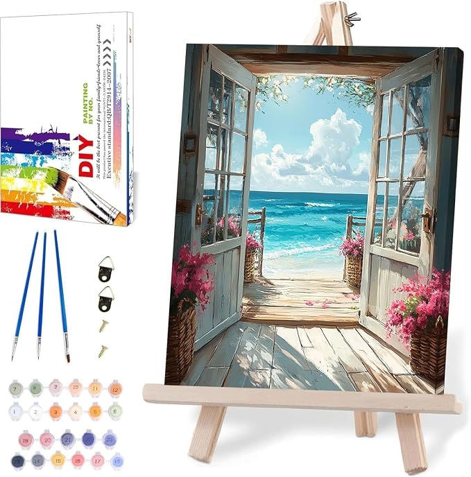 DIY Scenery Paint by Numbers Kit for Adults with Framed Canvas,Landscape Beach Digital Oil Painting Kit for Beginners,Acrylic Paint by Number Kits with Wooden Easel for Holiday Gifts 12X16 Inch.