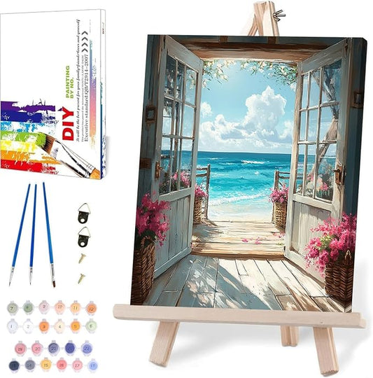 DIY Scenery Paint by Numbers Kit for Adults with Framed Canvas,Landscape Beach Digital Oil Painting Kit for Beginners,Acrylic Paint by Number Kits with Wooden Easel for Holiday Gifts 12X16 Inch.