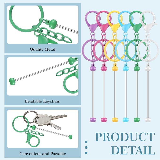 Tondiamo 12 Pcs Beadable Keychains Bars Bulk Blank Beaded Metal Keychain for Craft DIY Gift