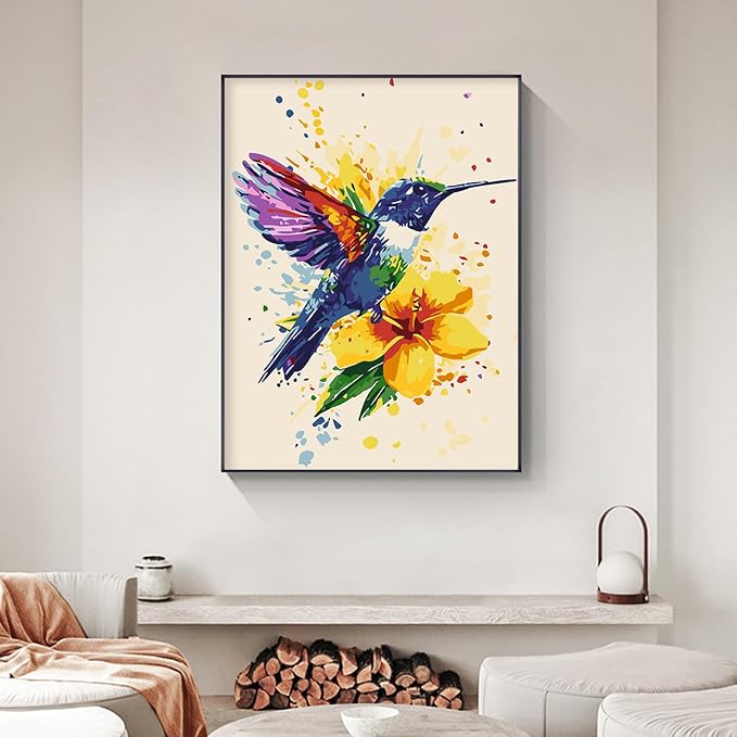 Yezavesu Hummingbird Framed Paint by Numbers Kit for Adults Beginner | With Frame Canvas 12x16 Inch, DIY Acrylic Painting by Numbers Hummingbird, Stress Relief Craft Kits, Home Wall Decor Gift
