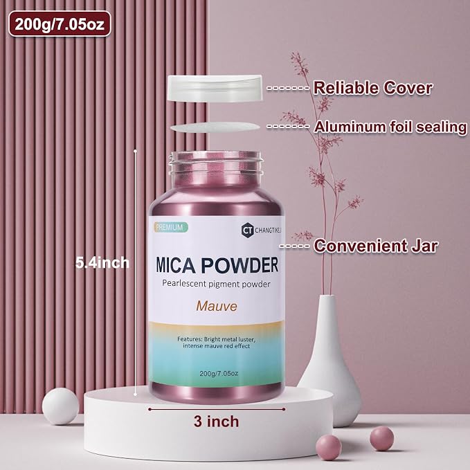 Mica Powder,200g/7.22oz Large Jar,Mauve Mica Powder Pigment for Epoxy Resin，Lip Gloss，Paint，Dye，Soap Making，Nail Polish,Candle Making,Bath Bombs