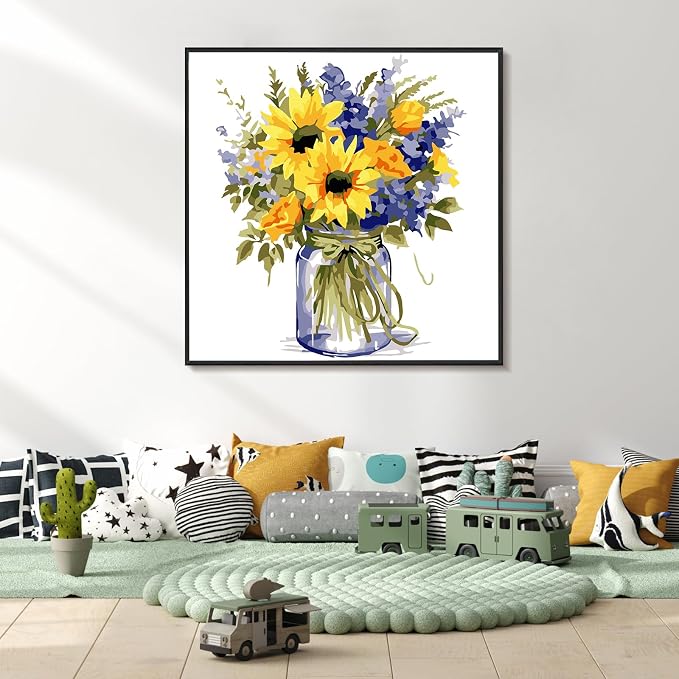 Yezavesu Flower Framed Paint by Numbers Kit for Adults Beginner & Kids Ages 8-12, Flowers Paint by Number Without Easel, DIY Adult Paint by Numbers Sunflower for Home Wall Decor Gift 10x 10 inch | With Frame Canvas 10x10 IN, Without Easel, DIY Acrylic ...