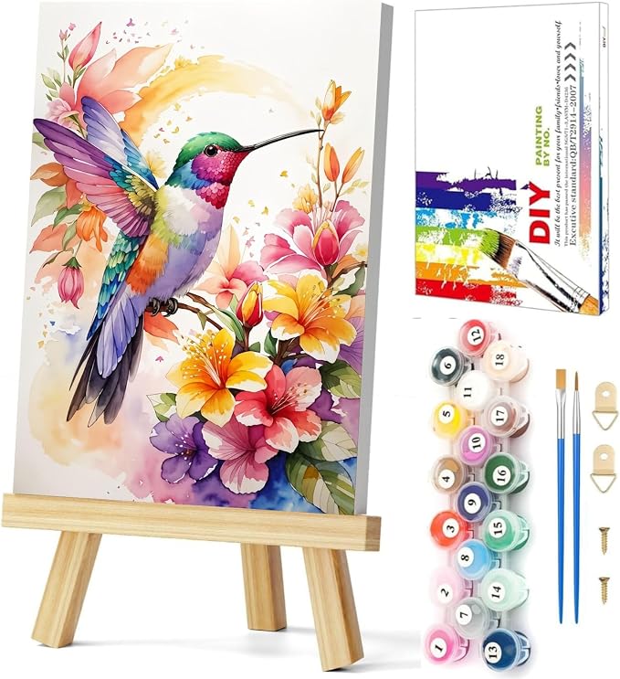Gemozaic Hummingbird Framed Paint by Numbers Kit for Adults, 8 x 12 Inch | Bird Paint by Number for Adults on Canvas with Frame & Wooden Easel, DIY Acrylic Painting for Home, Office, Wall Decor, Gift