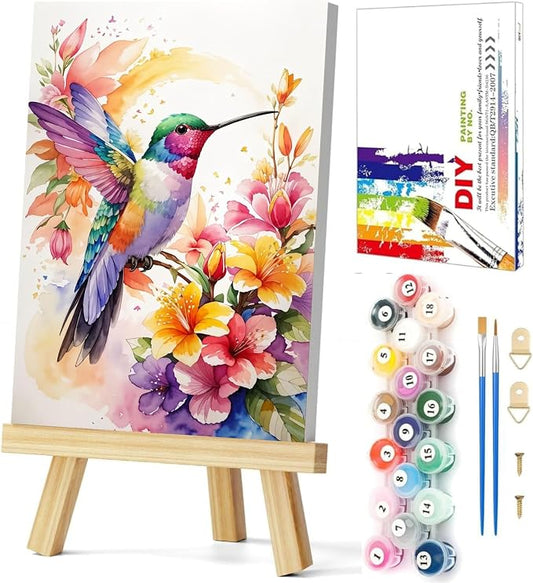 Gemozaic Hummingbird Framed Paint by Numbers Kit for Adults, 8 x 12 Inch | Bird Paint by Number for Adults on Canvas with Frame & Wooden Easel, DIY Acrylic Painting for Home, Office, Wall Decor, Gift