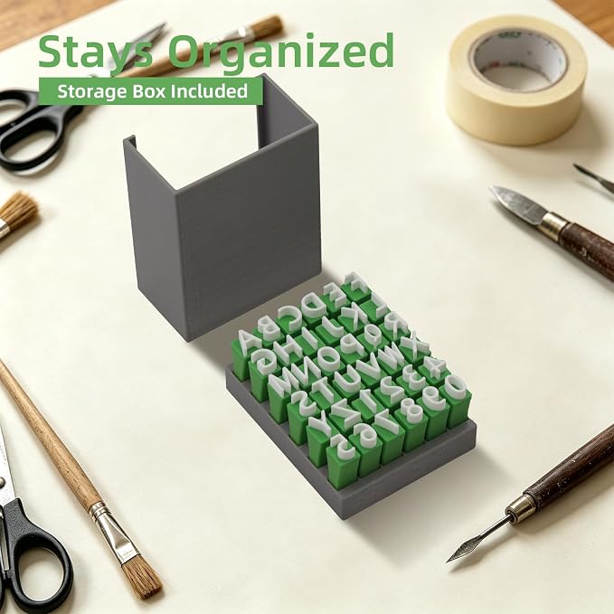 Green Alphabet Stamps for Clay – 36 Pcs (Uppercase Letters & Numbers 0-9 Set), Essential Clay Letter Stamps for Pottery, Ceramics, Concrete, DIY Craft Tools with Storage Box
