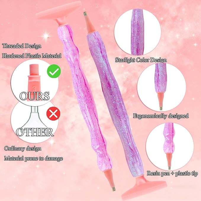 ZYNYXY 16PCS Ergonomic Diamond Art Pens Kits, Resin Diamond Painting Pen with Multifunctional Plastic Screw Thread Tips for 5D Diamond Painting (Starry Pink A)
