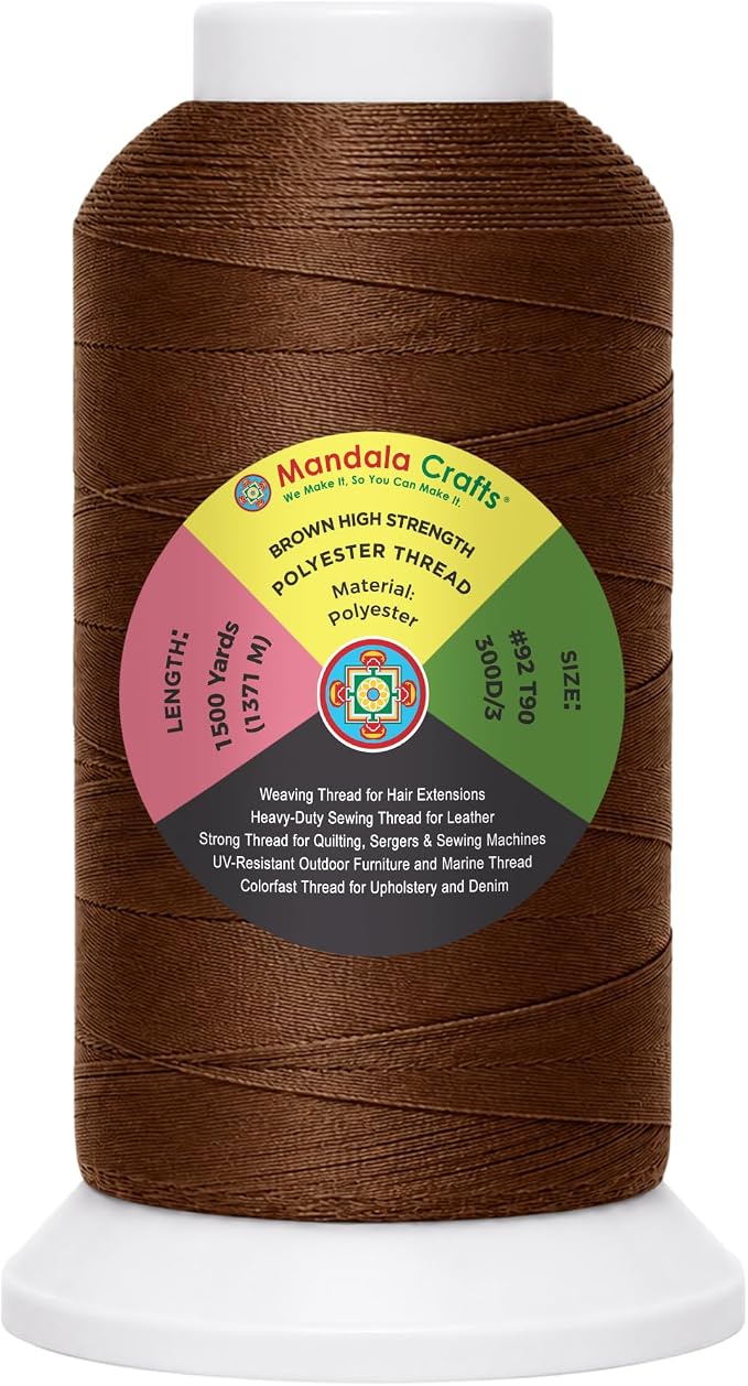 Mandala Crafts Brown Tex 90 Polyester Heavy Duty Thread for Upholstery | 1500 Yds T90 UV Resistant Strong Thread for Leather Sewing, Marine, Drapery, Jeans, Hair Weaving & Extension, Outdoor