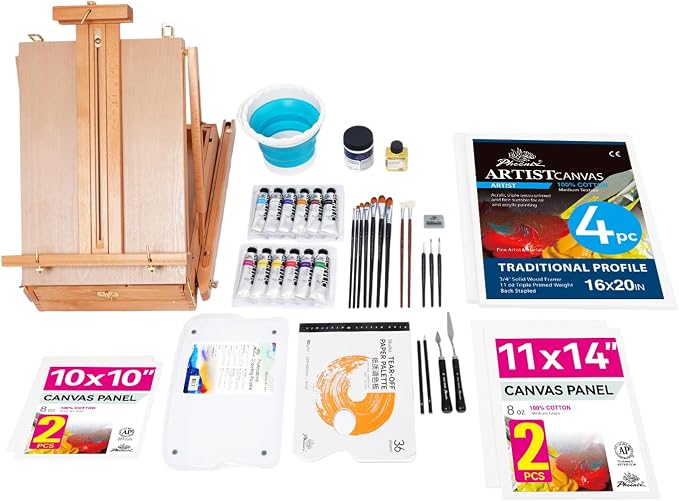 PHOENIX Complete Artist Acrylic Painting Set with Beechwood Foldable French Box Easel