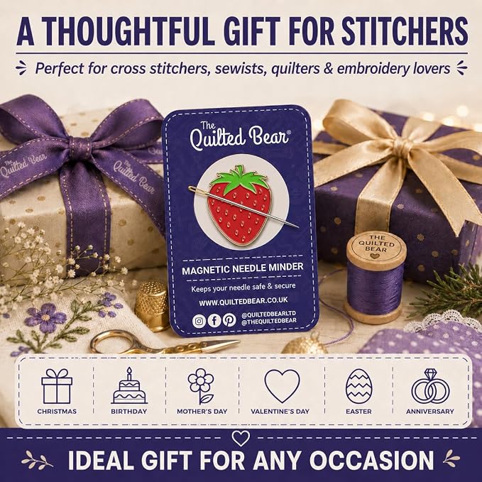 The Quilted Bear Magnetic Needle Minder, Strawberry | Enamel Needle Keeper for Embroidery & Cross Stitch, Secure Holder for Sewing Needles & Pins, Strong Magnet, Sewing Accessory