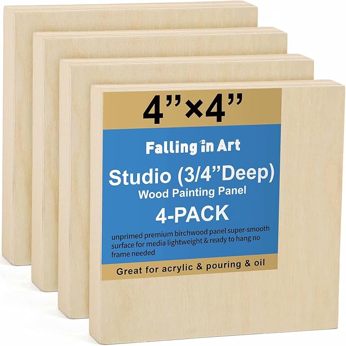 Falling in Art 4 Pack 4x4’’ Unfinished Birch Wood Panels Kit for Painting | Studio 3/4’’ Deep Wooden Canvas, Cradle Boards for Acrylic Pouring, Art, Crafts, Epoxy Resin, Laser Engraving Cutting