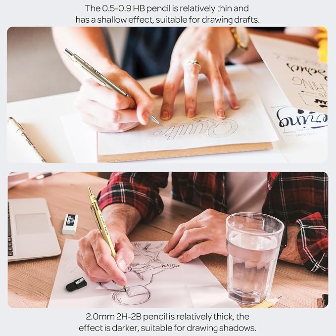 Nicpro 37PCS Gold Art Mechanical Pencil Set, 0.3/0.5/0.7/0.9/2mm Point | 360 Lead Refills(6B 4B 2B HB 2H 4H) 4 Erasers+18 Eraser Refills, Full Metal, School Supplies for Sketching Drawing Drafting