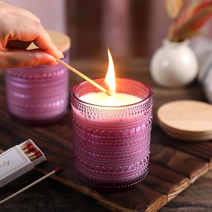 DARJEN 12 Pcs 10 oz Glass Candle Jars with Lids, Candle Tins-Purple | Thick Wall Ribbed Glass, Airtight Wood Lids- The go to candle jar for DIY, thoughtful gifters, growing candle brands