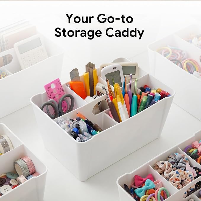MACOPRO 17QT Craft Storage Box with 2 Removable Caddy Trays, Clear Stackable Plastic Organizer with Lid for Art Supplies, Beads, Sewing Tools, Pens & Kids Toys (White, 1Pack-2-in-1)