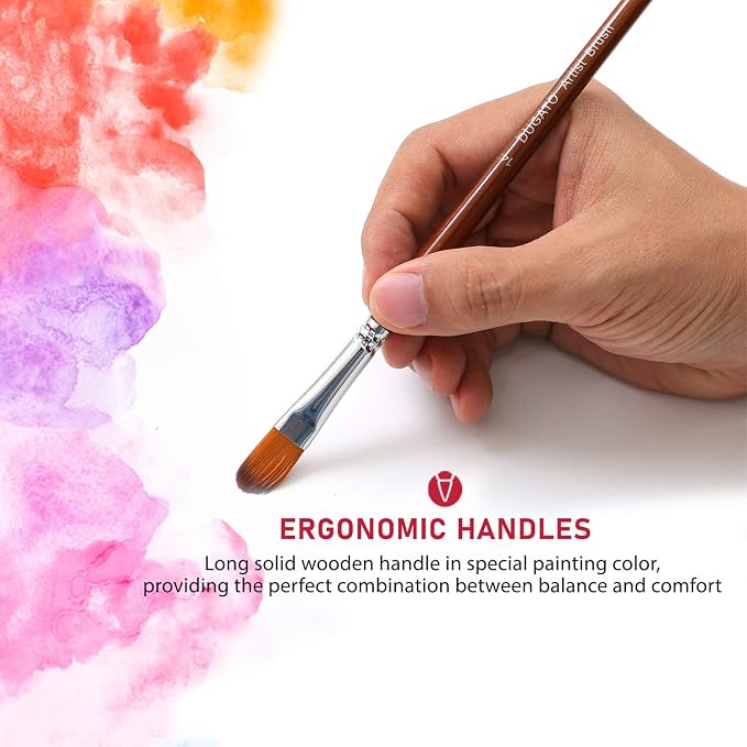 DUGATO Filbert Paint Brush Set, 13-Piece Long Wood Handle with Nylon Hair | 13 Artist Brushes for Acrylic Oil Painting, Soft Anti-Shedding Bristle, Assorted Sizes #0 to #24 for Canvas Blending