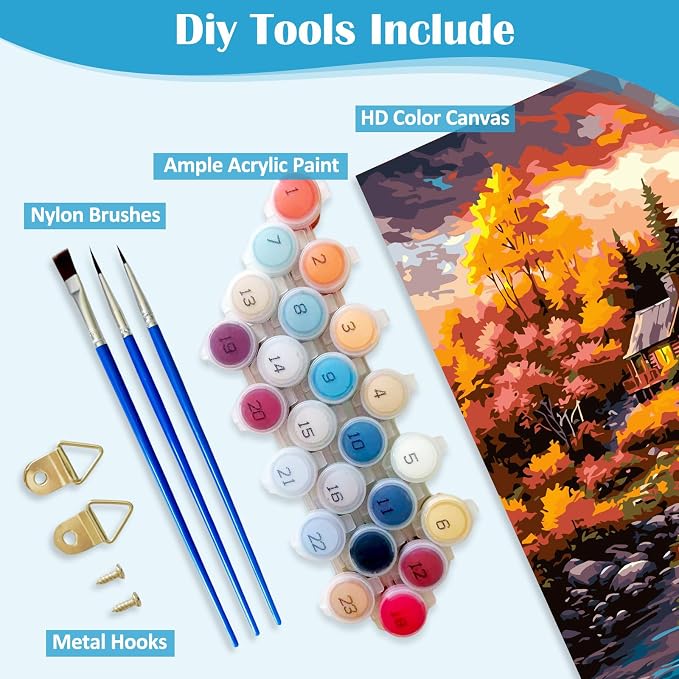 LKHMVCA Fall Landscape Mountain Lake Paint by Numbers Kit for Adults, DIY Paint by Numbers Kits for Adults Beginners Without Frame, Acrylic Paint Canvas Painting Kits Art for Home Decor 16x16 Inch