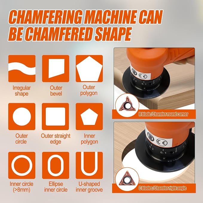 2 in 1 Mini Pneumatic Chamfering Machine, 45° Arc Corner Beveling Trimming Deburring Machine 30000RPM Handheld Chamfering Air Chamfer Tool with 1/4 Inch Air Inlet (C Angle Blades,Orange)