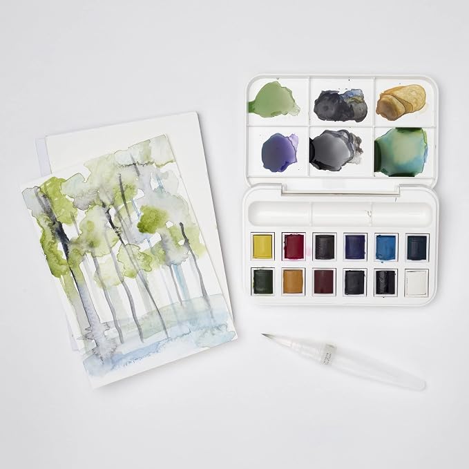 Winsor & Newton Cotman Watercolor Paint Set, 12 HP Water Brush Pocket Set | Introductory Watercolor made with Fine Art Pigments, Perfect for Beginners, Lightfast & Permanent, Good Tinting Strength