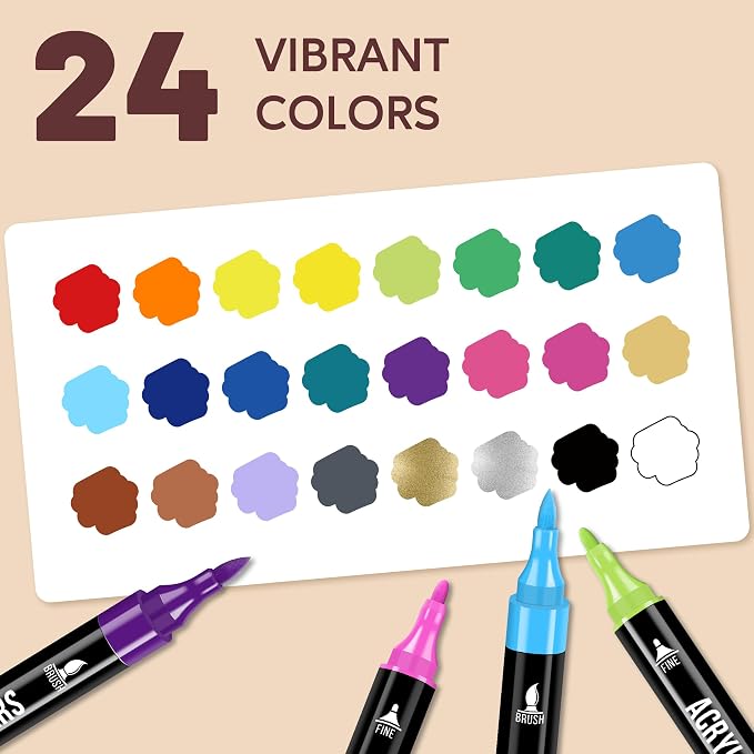 Pagather Acrylic Paint Markers, 24 Colors Dual Tip Fine & Brush Pens Set | For Rocks, Fabric, Wood, Glass & More, Perfect for DIY Crafts and Creative Art Projects with Bright, Smooth and Quick-Dry Ink