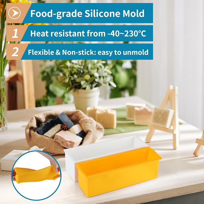 2 Pcs Loaf Soap Mold with Plastic Box, Flexible Silicone Rectangular Mold 42oz, Swirl Making Tool for DIY Soap, Handmade Candles, Resin Casting, Homemade Desserts (Yellow)