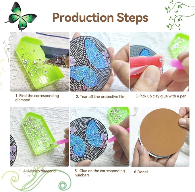 Vcekract 6 Pcs Butterfly Diamond Art Coasters Kit for Adults | Diamond Painting Coasters with Holder & Protective Backing, Diamond Art Adult Crafts for Table Home Decoration