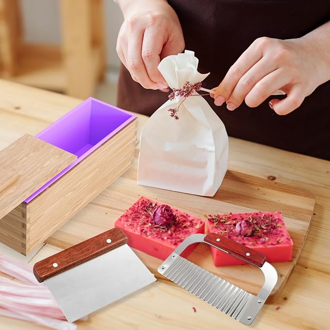 Silicone Soap Molds with Upgraded Wood Box, Bar Rectangle Loaf Soap Mold with Cutters, Homemade Soap Making Supplies Tools Kit for Adults Beginners (Mold only)