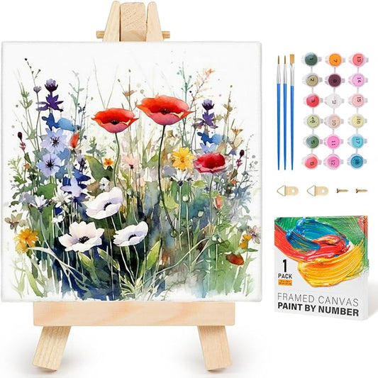 Yezavesu Flower Framed Paint by Numbers Kit for Adults Beginner & Kids Ages 8-12, Wildflowers Paint by Number Without Easel, DIY Adult Paint by Numbers Flowers for Home Wall Decor Gift 10x 10 inch | With Frame Canvas 10x10 IN, Without Easel, DIY Acryli...