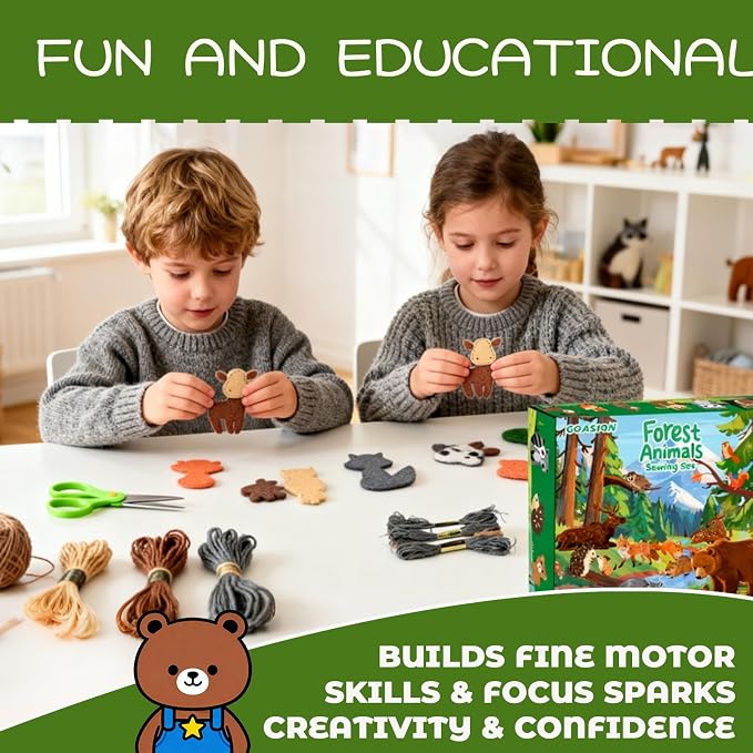 GOASION Sewing Kit for Kids, 8 Pcs Jungle Animals Craft Set, Ages 5+
