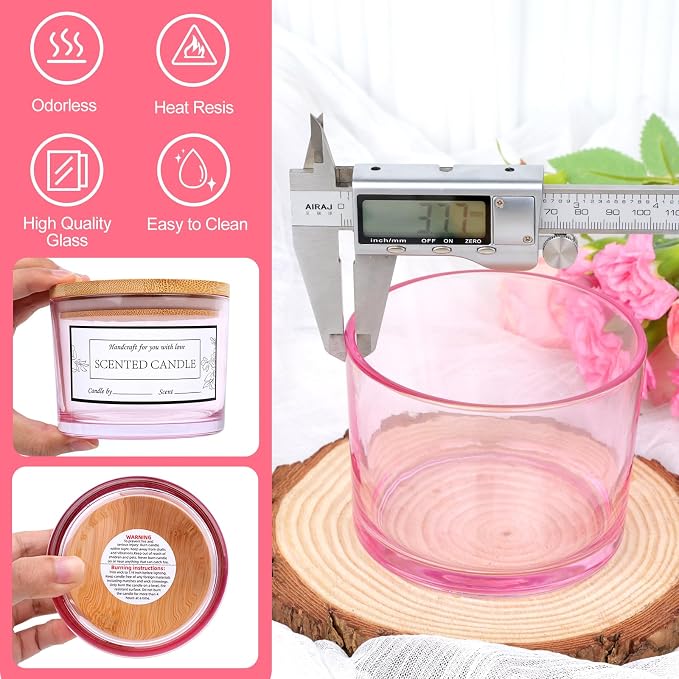 CONNOO 8 Pack 12 OZ Pink Glass Wide Mouth Candle Jars
