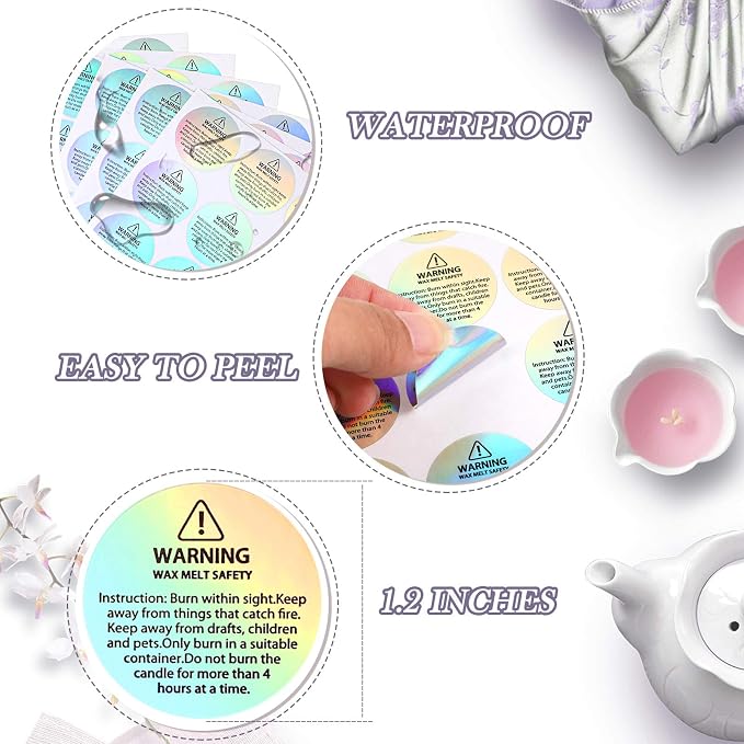Zonon 360 Pcs Holographic Candle Warning Labels, Wax Melt Safety | For Jars Tins Containers, Round Stickers with Rainbow Iridescent, Safety Instruction Text, Handmade Candle Making Supplies