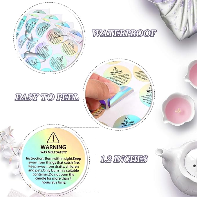 Zonon 1008 Pcs Holographic Candle Warning Labels, Wax Melt Safety | For Jars Tins Containers, Round Stickers with Rainbow Iridescent, Safety Instruction Text, Handmade Candle Making Supplies