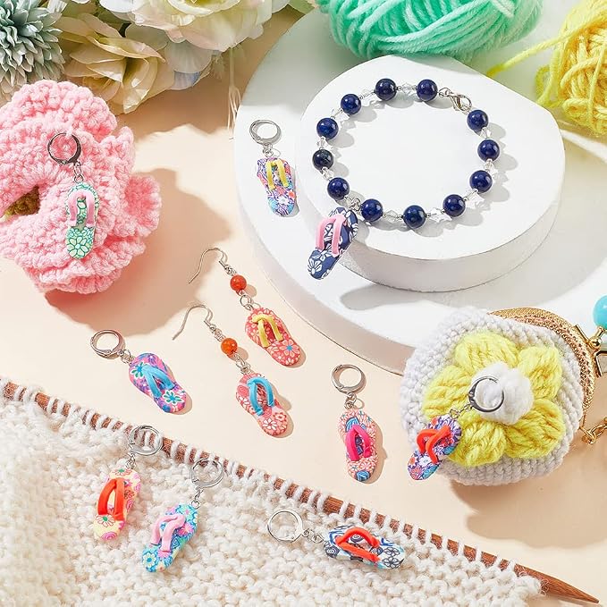 NBEADS 24 Pcs Beach Shoe Stitch Markers, Handmade Polymer Clay Crochet Stitch Marker Charms with 304 Stainless Steel Clasp for Crochet Weaving Sewing Accessories Jewelry Making