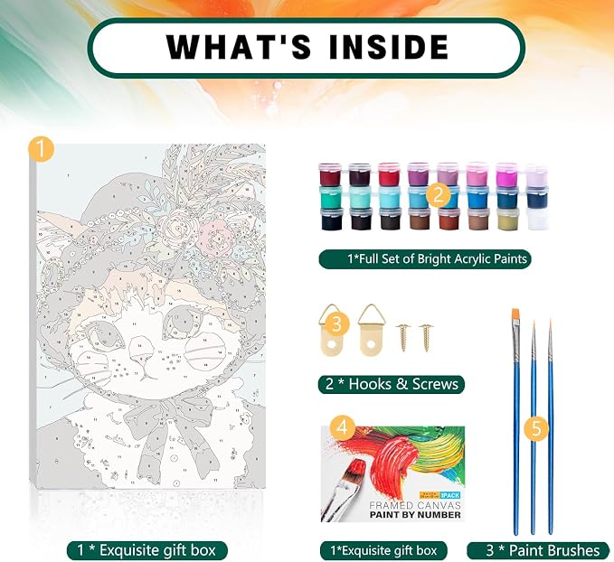 Framed Paint by Numbers Kit for Adults Beginner & Kids Ages 8-12, Funny Cat Adult Paint by Number Kits on Canvas with Frame, DIY Acrylic Number Painting for Adults for Home Decor Gift 8 x 12 Inch