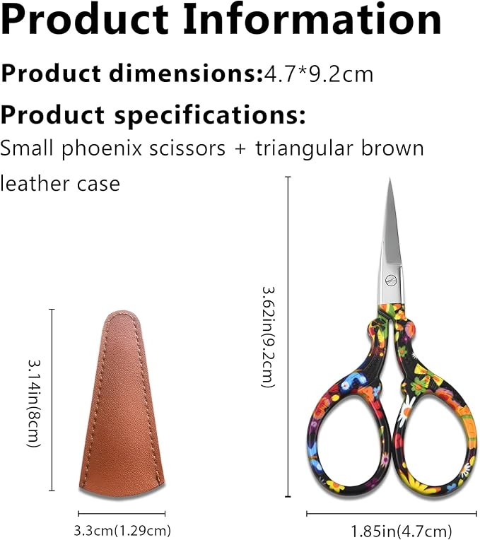 Sharp Embroidery and Crafting Scissors with Leather Cover, 3.62 inch Stainless Steel Scissors for Needlework and DIY Crafts, Black Flower, J5064