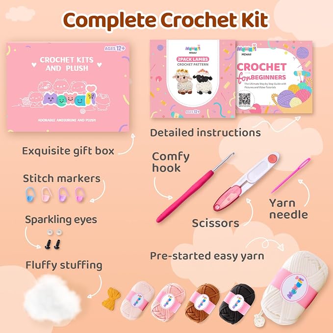 Mewaii Crochet Kit for Beginners, 2 Pack Lambs Craft Set | 40% Extra Yarn, Video Tutorial, Pre-Started Piece, Beginner Friendly, Family Craft Gift for Adults & Kids