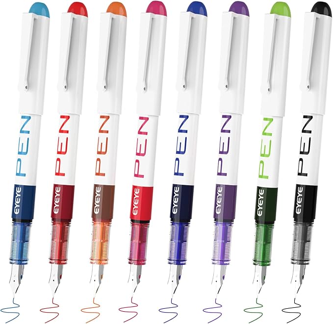 EYEYE Fountain Pens for Writing, 8 Pack Assorted Colors Fine Point Disposable Fountain Pens Stainless Steel Nib, Smooth Writing for Journaling, Drafting, Sketching, Doodling & Gifts