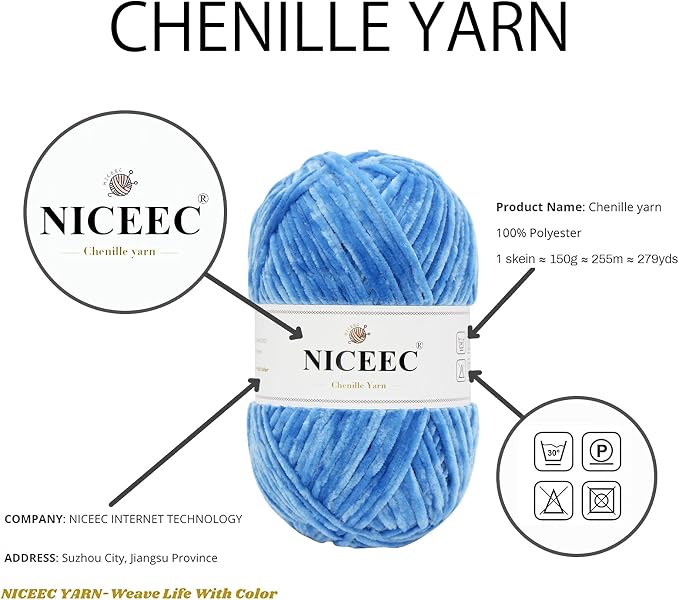 NICEEC 2 Skeins Soft Chenille Yarn 2 x255m (2X 279yds, 3X 150g)_Blue