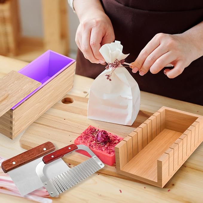 Soap Cutters with 2 Silicone Soap Molds, Upgraded Bar Rectangle Loaf Soap Mold Wood Box, Homemade Soap Making Supplies Tools Kit for Adults Beginners (Cutter with Mold)