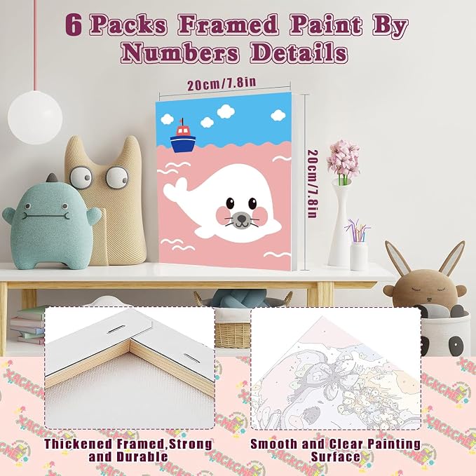 MXCFZX 6 Pack Framed Paint by Numbers Kit for Kids,Cute Sea Animals Painting Kits for Ages 4-6-12,Easy Paint by Number Kids Paint for Beginner,DIY Acrylic Oil Painting Kit for Wall Decor(8X8inch)