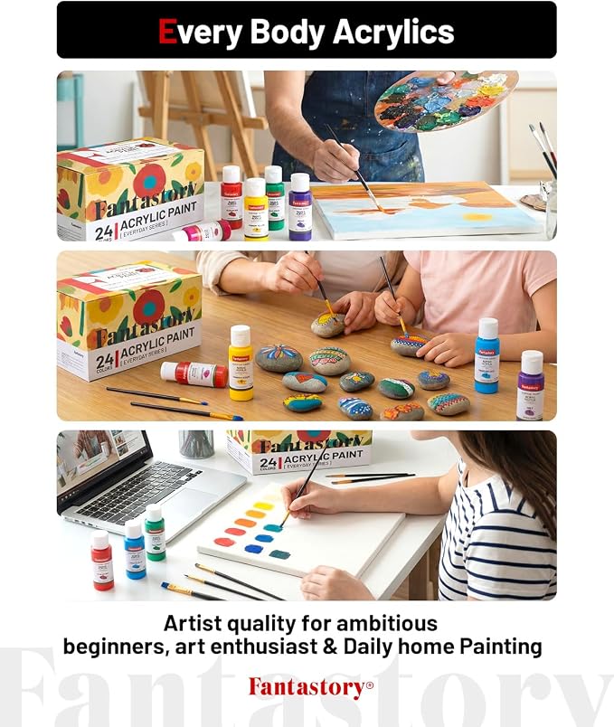 Fantastory 60ml 24 Colors Acrylic Paint Set with 12 Brushes | Waterproof, Great for Artwork & DIY Projects on Canvas, Wood, Glass, Clay, Fabric, Ceramic, Paper