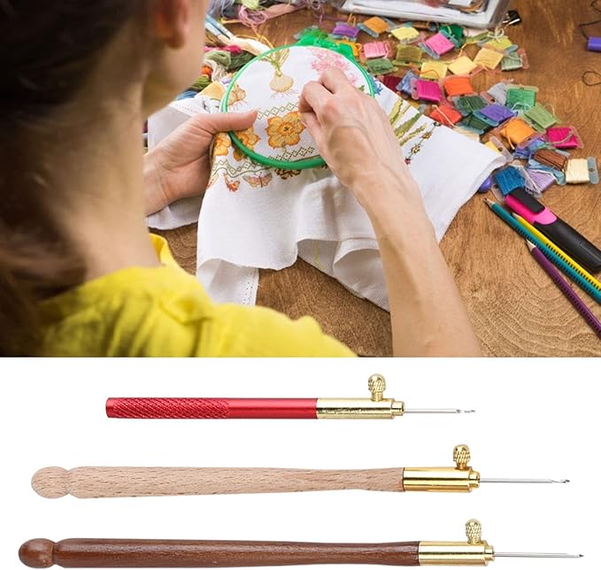 Kodrily 3Pcs Tambour Tools, Stainless Steel Wood Handle Embroidery Crochet Hooks with 9 Needles Tambour Hooks Kit, DIY French Tambour Hook Sewing Craft Tool for Sequin, Beading