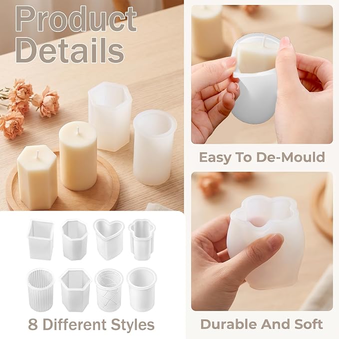 8 Pcs Candle Making Molds, Silicone Candle Molds for Making | Candle Molds Set, Cylinder Hexagon Octagonal Heart Flower Square Shapes for DIY Candle Making, Release Candle Making Kit
