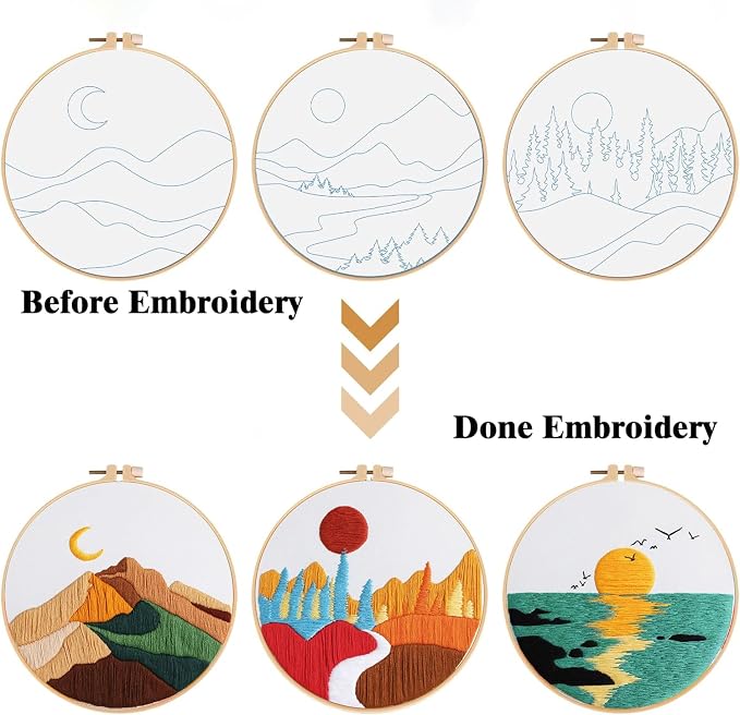 GLTAYLMY Embroidery Kits for Beginners Adults, Stamped Cross Stitch Kits for Adult Beginners Embroidery Starter Kit with Pattern, 3 Embroidery Hoop and Fabric, Needles Threads