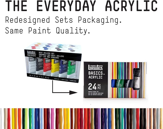 Liquitex BASICS Acrylic Paint Set, 24 x 22ml (0.74-oz) Tube Paint Set | Medium Viscosity, Satin Finish, Lightfast, Fine Art Pigments, Range of Opacities, Easy Blending