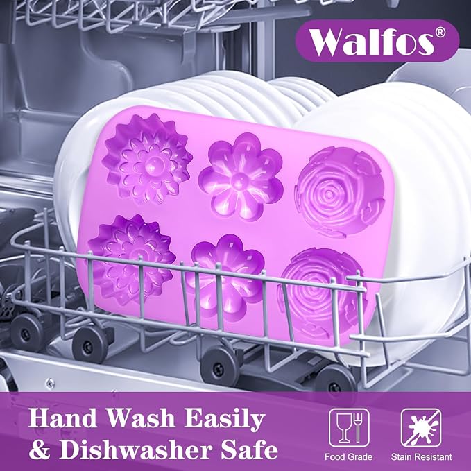 Walfos Silicone Flower Soap Mold,6 Cavities Different Flower Shapes Soap Mold BPA Free.Perfect for Homemade Craft Soap,Ice,Mousse,Cake,Jelly,Chocolate.(2pcs Purple)